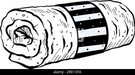 Vector illustration of twisted towel on white background. Black outline of new fresh towel, graphic drawing. For postcards, design and composition Stock Vector