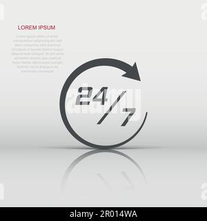 Twenty four hour clock icon in flat style. 24/7 service time illustration on white isolated background. Around the clock sign concept. Stock Vector