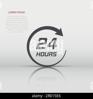 Twenty four hour clock icon in flat style. 24/7 service time illustration on white isolated background. Around the clock sign concept. Stock Vector