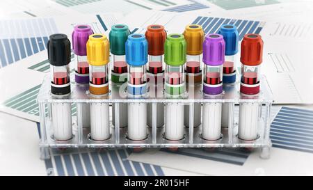 Blood vials with vibrant colored lids standing on medical forms. 3D illustration. Stock Photo