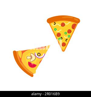 Pizza slice icon vector. Pizza slice with melted cheese. Slice of pepperoni pizza. Vector clip art illustration with simple gradients. Cartoon sticker Stock Vector