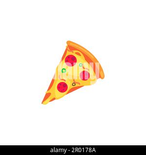 Pizza slice icon vector. Pizza slice with melted cheese. Slice of pepperoni pizza. Vector clip art illustration with simple gradients. Cartoon sticker Stock Vector