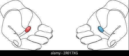Hands hold red pill and blue pill. Decision making and choice concept. One continuous line art drawing. Vector illustration Stock Vector
