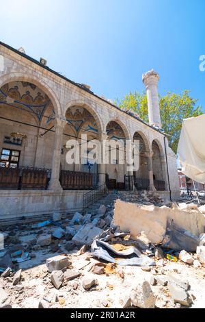 Malatya Teze Cami or Yeni Cami after the earthquare. Collapsed historical building. Malatya Turkiye - 4.25.2023 Stock Photo