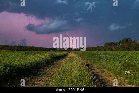 rural landscape with country road in the middle of the cultivated fields with clouds from climate change Stock Photo