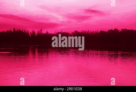 Pop Art Surreal Style Tranquil Lake Landscape in Hot Pink Color Stock Photo