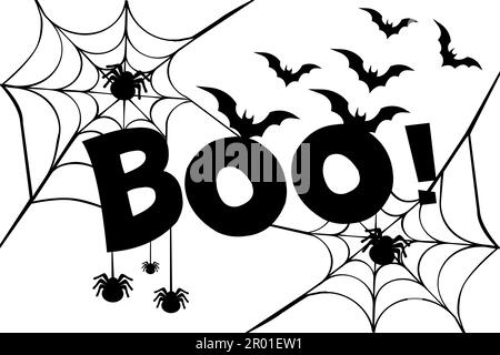 Text Boo. Halloween background, cartoon words with spider and bats Stock Vector