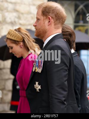 The Duke of Sussex arriving at Westminster Abbey, central London, ahead of the coronation ceremony of King Charles III and Queen Camilla. Picture date: Saturday May 6, 2023. Stock Photo