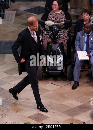 The Duke of Sussex arriving ahead of the coronation of King Charles III and Queen Camilla at Westminster Abbey, London. Stock Photo