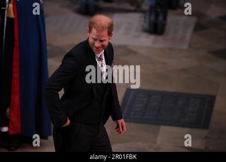 The Duke of Sussex arriving ahead of the coronation of King Charles III and Queen Camilla at Westminster Abbey, London. Picture date: Saturday May 6, 2023. Stock Photo