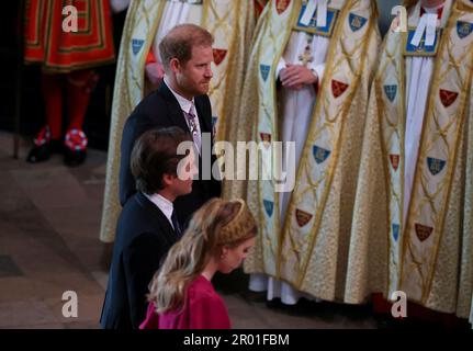 The Duke of Sussex arriving ahead of the coronation of King Charles III and Queen Camilla at Westminster Abbey, London. Picture date: Saturday May 6, 2023. Stock Photo