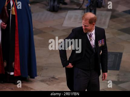 The Duke of Sussex arriving ahead of the coronation of King Charles III and Queen Camilla at Westminster Abbey, London. Picture date: Saturday May 6, 2023. Stock Photo