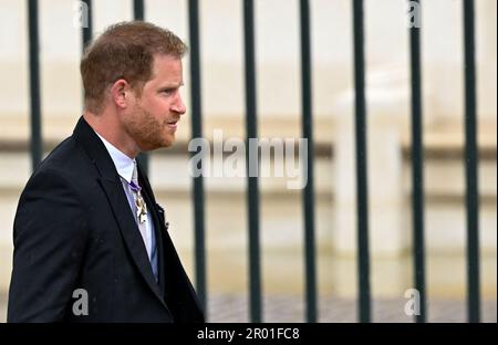 The Duke of Sussex arriving ahead of the coronation ceremony of King Charles III and Queen Camilla at Westminster Abbey, London. Picture date: Saturday May 6, 2023. Stock Photo