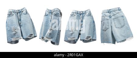 Ripped handmade jeans shorts floating from different sides on light gray background. Fashionable female trendy denim clothes. Cut out objects for desi Stock Photo