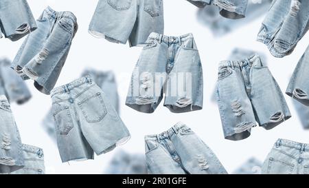 Ripped jeans shorts flying on blue background. Female fashionable denim cloth. Advertising for ladies trendy store, blog. Concept Summer Women's Cloth Stock Photo