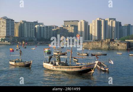 the Skyline at a Beach and Coast in Colaba in the city centre of Mumbai in India.  India, Mumbai, March, 1998 Stock Photo