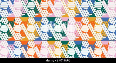 Fun seamless pattern with geometric shapes in 80s style. Colorful geometric mosaic backdrop. Retro fashion background with simple figures for web Stock Vector