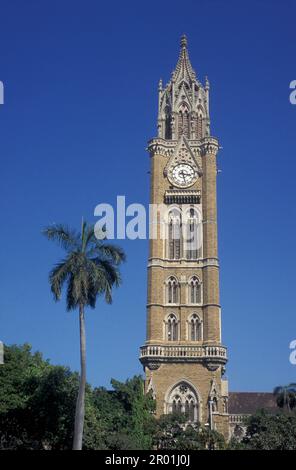 the architecture of the Rajabai Clock Tower of the Universita of Munmbai in Colaba in the city centre of Mumbai in India.  India, Mumbai, March, 1998 Stock Photo