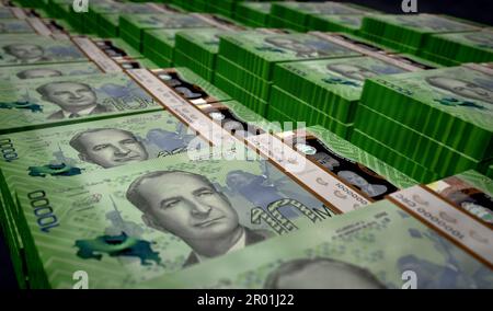 Costa Rican Colon money printing 3d illustration. 10000 CRC banknote print. Concept of finance, cash, economy crisis, business success, recession, ban Stock Photo