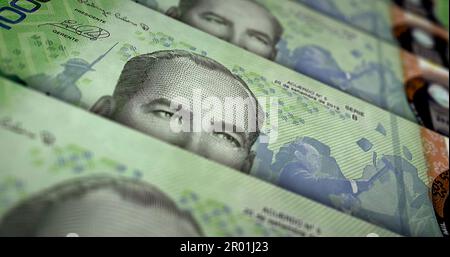 Costa Rican Colon money printing 3d illustration. 10000 CRC banknote print. Concept of finance, cash, economy crisis, business success, recession, ban Stock Photo