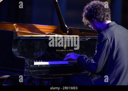 Can Çakmur, solo piano concert, Brahms Pollença festival, Majorca, Balearic Islands, Spain. Stock Photo