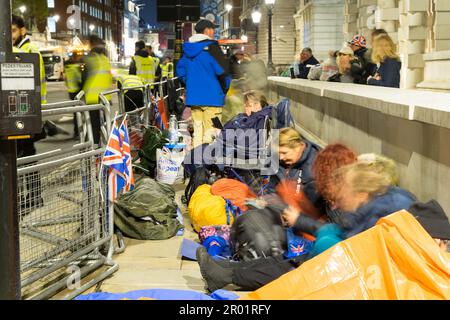 London UK, 5th May 2023. On the eve of the coronation of King Charles III, people from all walks of life across great britain camp out along the White Hall over night. Credit: Xiu Bao/Alamy Live News Stock Photo