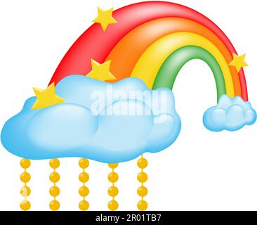 Colorful 3D rainbow in cartoon style with fluffy clouds and beads. Home wall decor for kids room. Vector illustration. Stock Vector