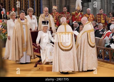 Queen Camilla is crowned with Queen Mary's Crown during her coronation ceremony at Westminster Abbey, London. Picture date: Saturday May 6, 2023. Stock Photo