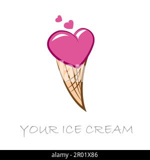 Love summer. Pink ice cream in heart shape in the waffle cone. Vector flat outline icon. Cartoon style illustration. Flat logo design Stock Vector
