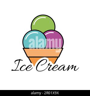 ice cream in the waffle cone. Vector flat outline icon. Cartoon style illustration. Flat logo design Stock Vector
