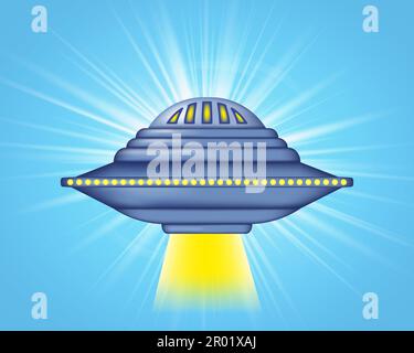 Spaceship alien UFO on a blue background of bright rays of light. Flying saucer with yellow lights in retro style. UFO vintage poster. Vector illustra Stock Vector