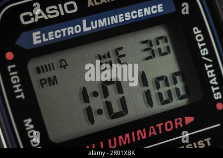 Kyiv, Ukraine, 30 Nov 2022:  Vintage Casio Watch: Close-Up of Liquid Crystal Display Stock Photo
