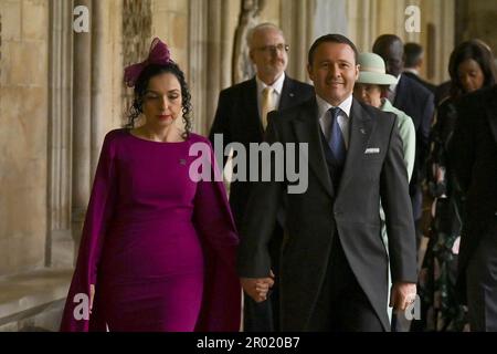 Kosovo President Vjosa Osmani and her husband Prindon Sadriu arriving ahead of the coronation ceremony of King Charles III and Queen Camilla at Westminster Abbey, London. Picture date: Saturday May 6, 2023. Stock Photo