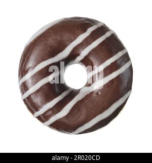 Chocolate donut with white strips isolated on white background. Top wiew. Stock Photo