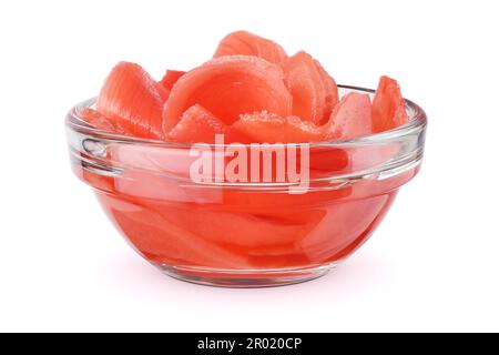 Pickled ginger slices in glass bowl isolated on white background. Stock Photo