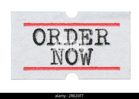 Order Now printed with typewriter font on price tag sticker isolated on white background Stock Photo