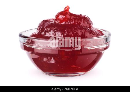 Glass bowl with red berry jam isolated on white background with clipping path Stock Photo