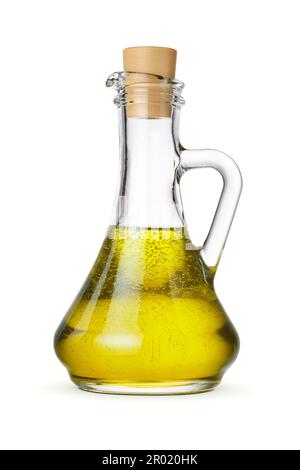 Unrefined olive oil in glass bottle or container with cork isolated on white background. Stock Photo