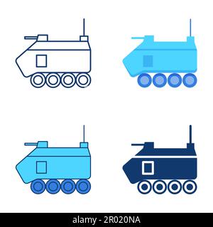 Combat vehicle icon set in flat and line style. Armored amphibious military vehicle. Vector illustration Stock Vector