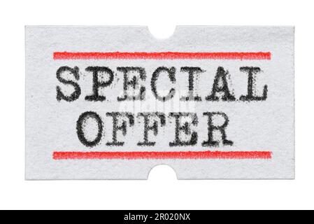 Special Offer printed with typewriter font on price tag sticker isolated on white background Stock Photo