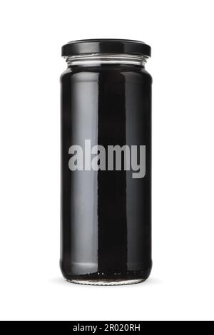 Black preserved pickled olives jar isolated on white background. Stock Photo