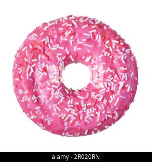 Pink donut with colorful sprinkles isolated on white background. Top view. Stock Photo