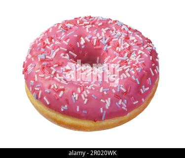Pink donut with colorful sprinkles isolated on white background. Top view. Stock Photo