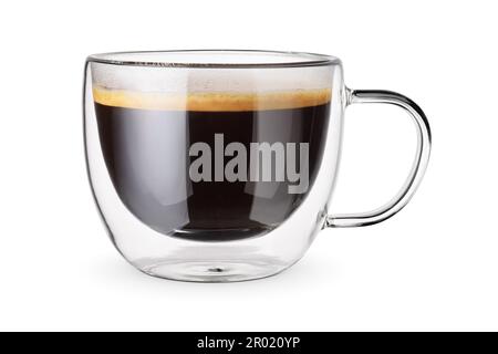 Coffee americano in a transparent double wall cup isolated on a white background. Stock Photo