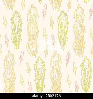 Hand drawn ginseng seamless pattern. Vector illustration in sketch style. Medicinal plant background. Botany design Stock Vector