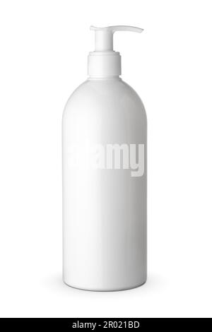 Plastic bottle with liquid hand soap. Dispenser lid, isolated on white background. Stock Photo