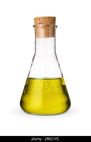 Unrefined olive oil in glass bottle or container with cork isolated on white background. Stock Photo
