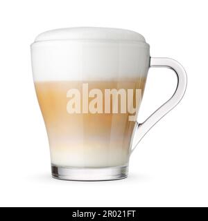 Transparent cup with cappuccino coffee and milk foam isolated on white background. Stock Photo