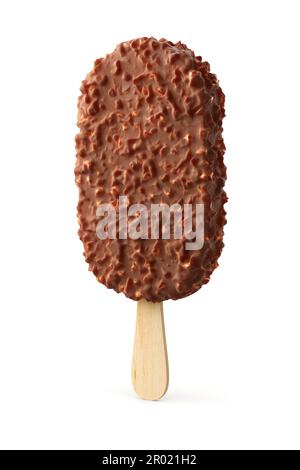 Brown chocolate popsicle ice cream with nuts isolated on white background. 3D rendering illustration. Stock Photo