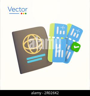 3d visa with airplane tickets, green checkmark isolated on background. Design concept for travelling, holidays, booking, transportation, flight, train, ship. 3d vector illustration. Vector illustration Stock Vector
